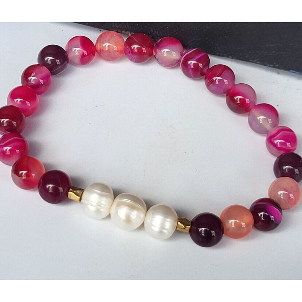 Pink Magenta Striped Agate Anxiety Calming Bracelet with Pearls 8"